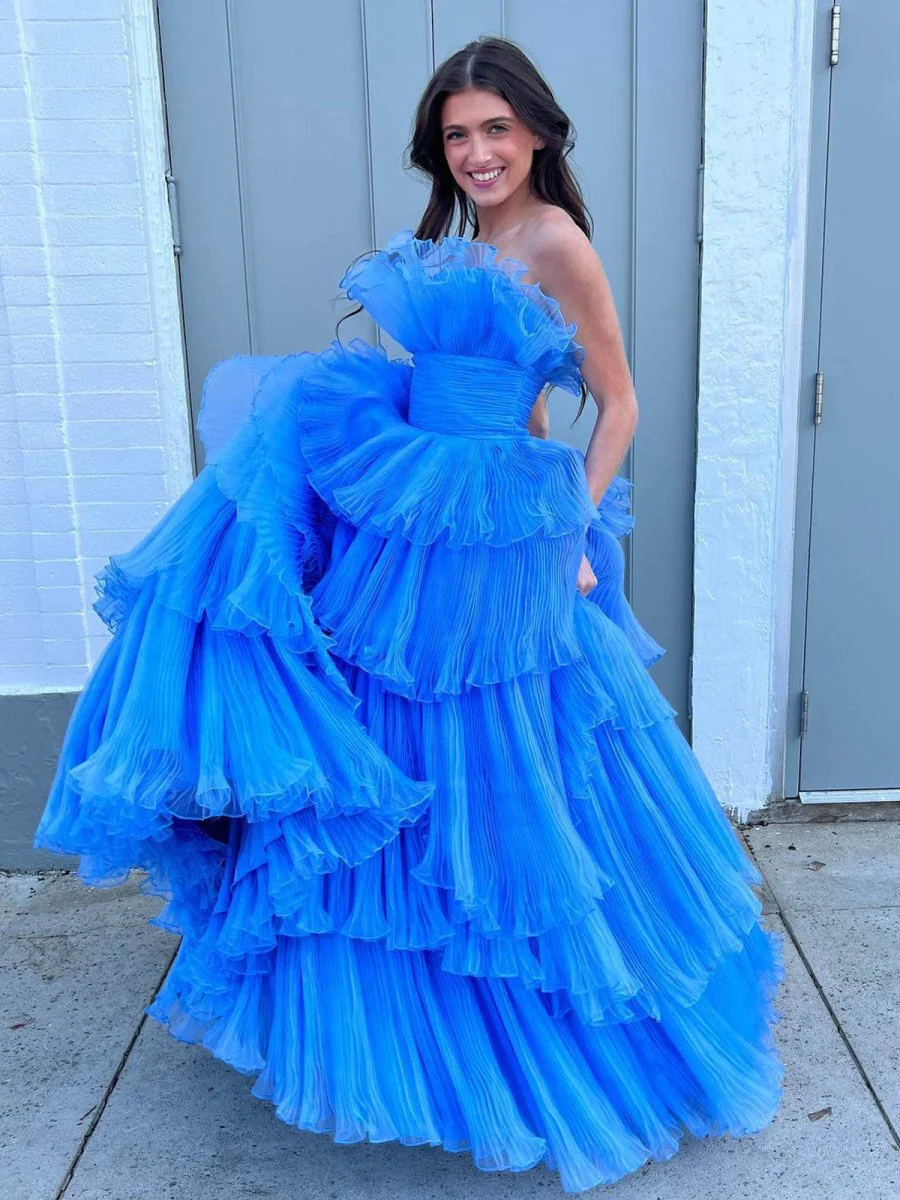 Strapless A-Line Tiered Crinkled Tulle Prom Dress