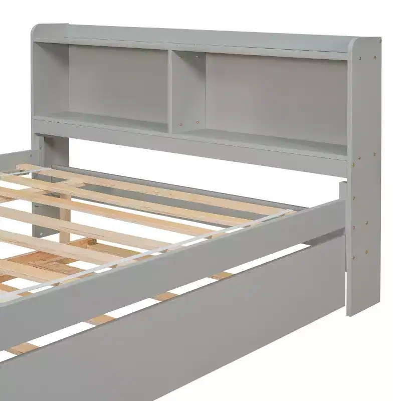 Gray Full Platform Bed with Trundle & Bookcase, 1-Person