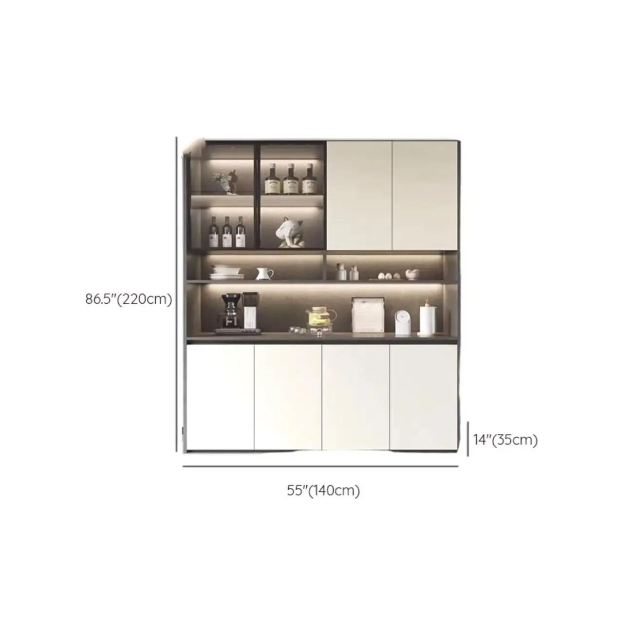 White Rectangular Multi-Shelves Glass Wood Wine Cabinet