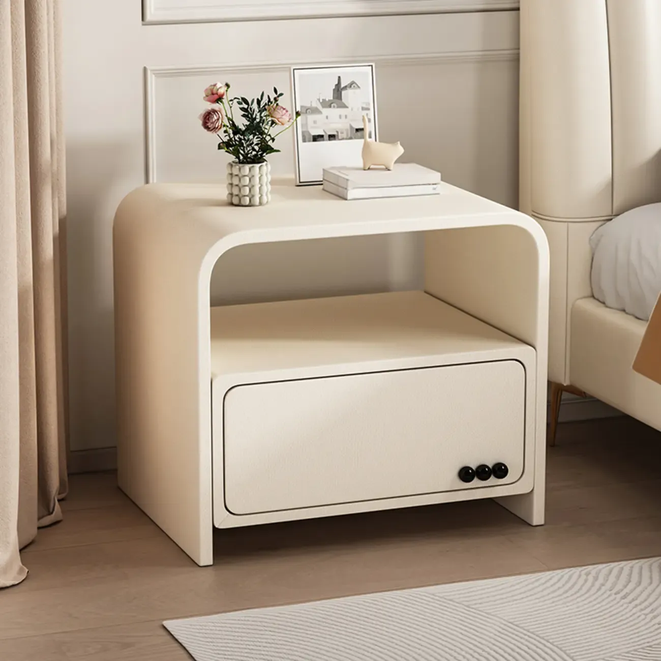 Elegant Modern White Faux Leather Wood Drawer Nightstand