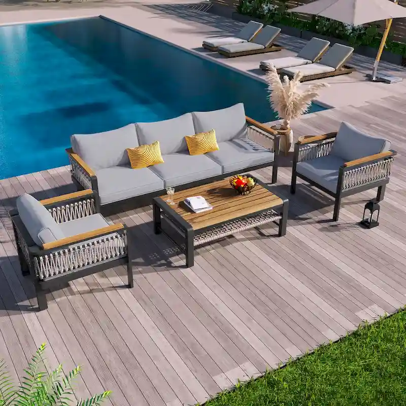 4 Piece Outdoor Woven Rope Furniture Set, Patio Sectional Sofa Set with Removable Waterproof Cushions and Coffee Table