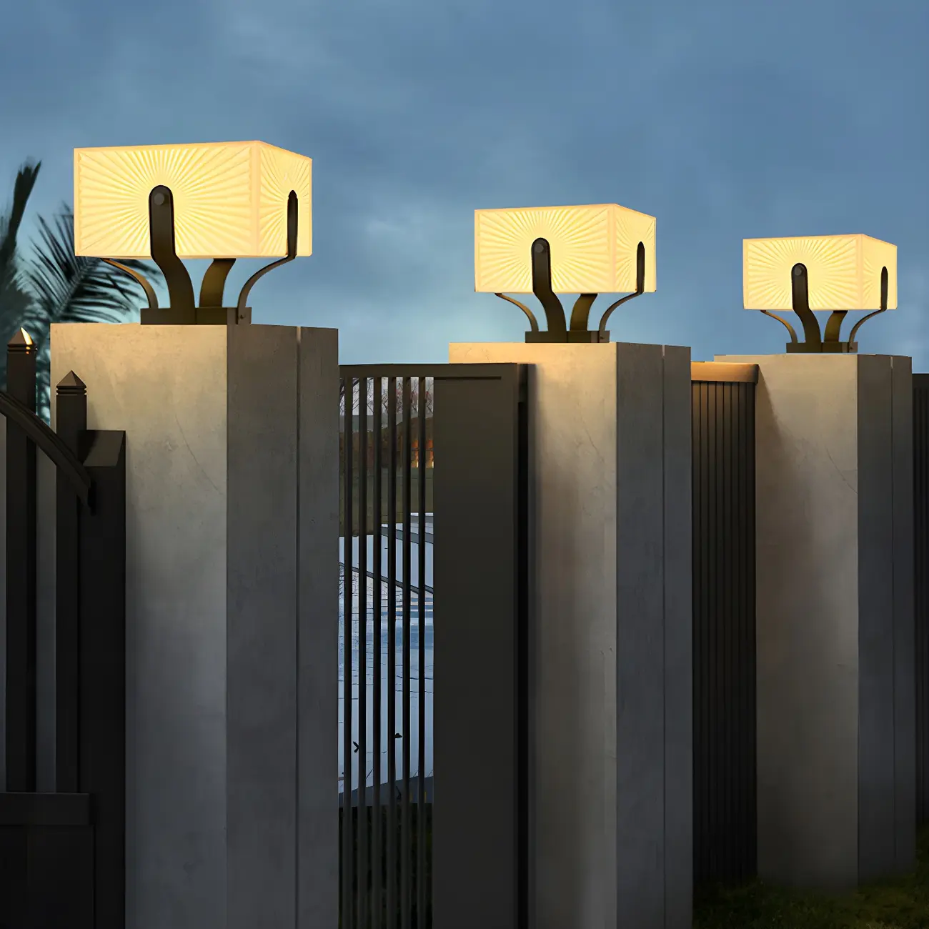 Black Elegant Bracket Post Cap Light with Beige Cubic Shade