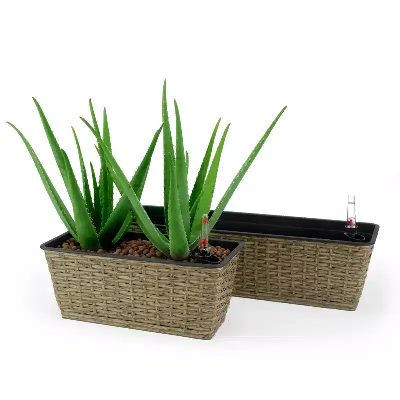 NAYSAYE 2 Pack Wicker Rectangle Planter with Reservoir for Indoor and Outdoor Garden and Patio Decor, Brown, 23.2*7*6.3