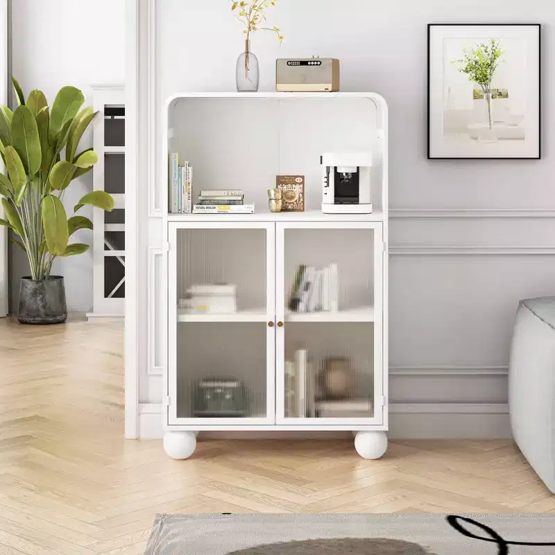 MAYEERTY 45.28H Storage Cabinet with Glass Doors and Shalves Display Storage Cabinet for Bathroom Living Room White