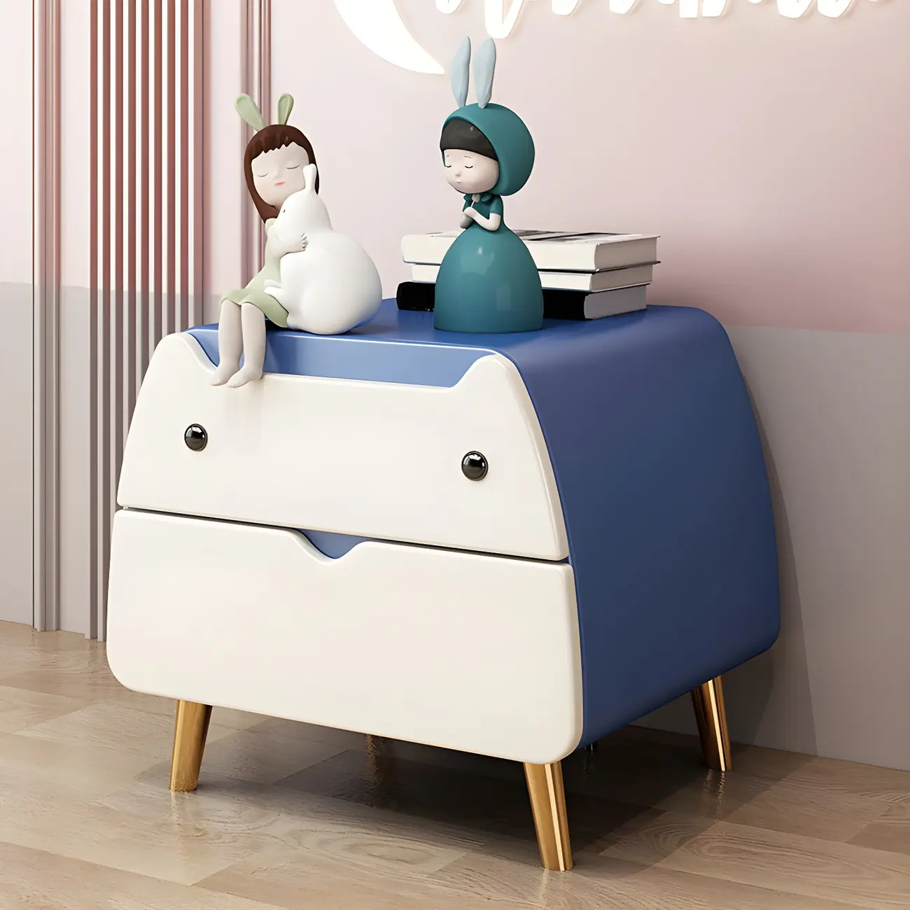 Pink Cute Cat Shape Scandinavian Nightstand with 2 Drawers