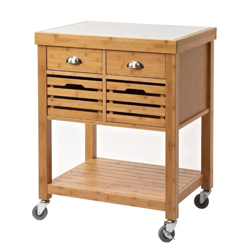 36 Inch Bamboo Kitchen Cart Island, 2 Drawers, Stainless Steel Top, Brown - 22 L x 29 W x 36 H Inches