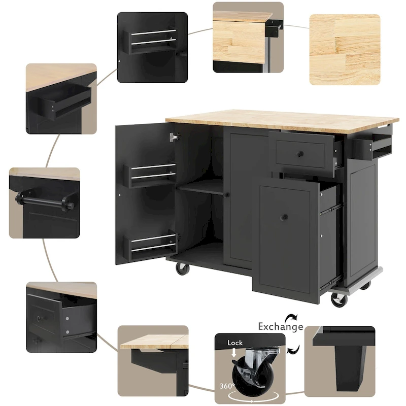 53.9 Width Rolling Kitchen Island with Drop Leaf and 3 Tier Pull Out Cabinet