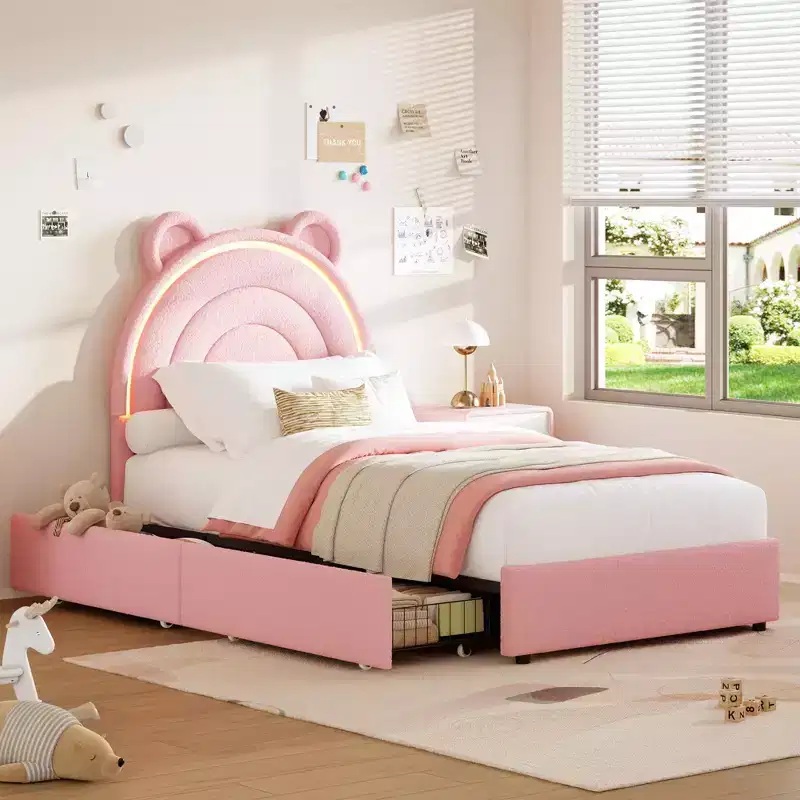 Fairytale style double upholstered bed frame with headboard and 4 storage drawers. Solid wood bed frame, pink, double bed, Twin size.