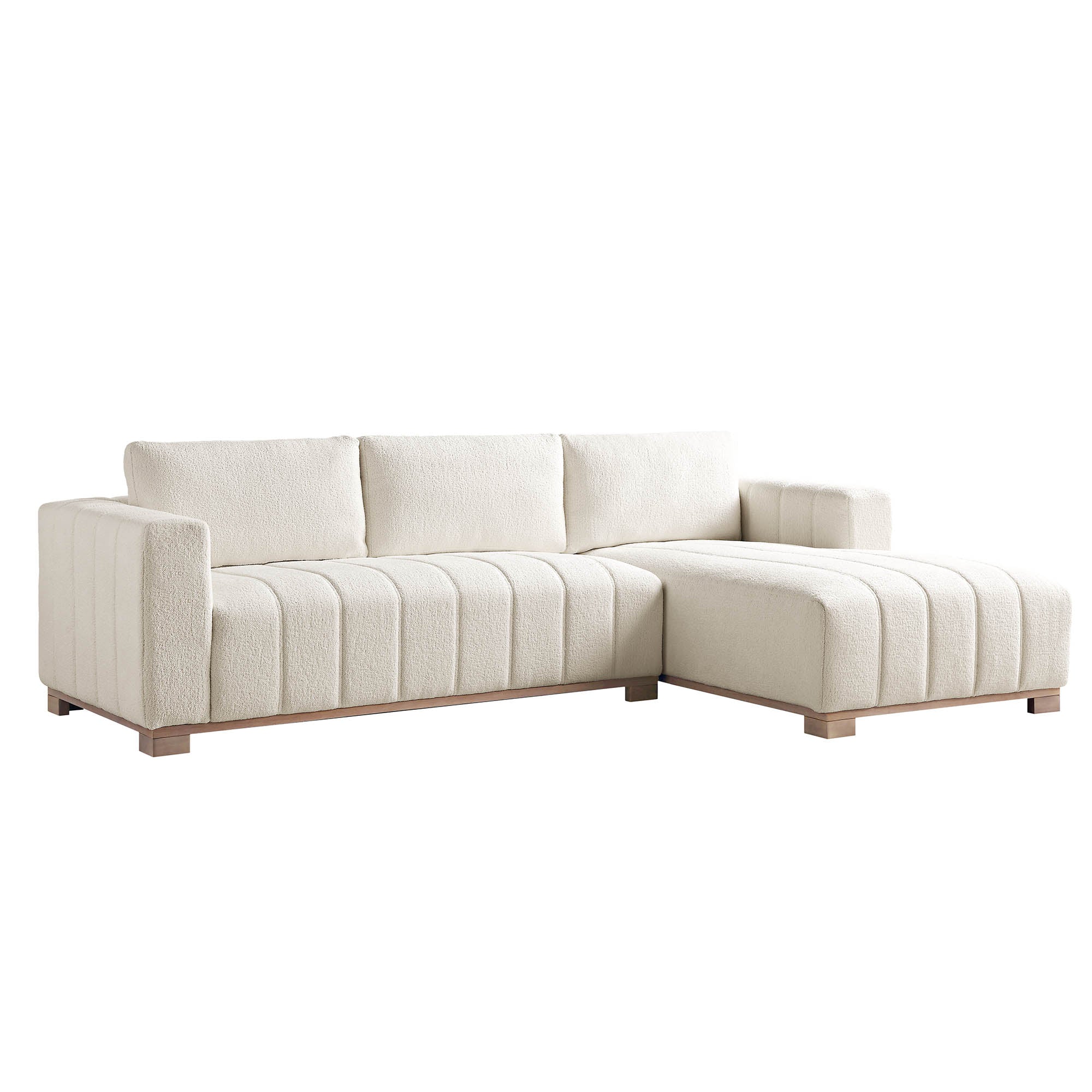 Beige Boucle Sofa with Wooden Base, Large Chaise Right Hand Facing