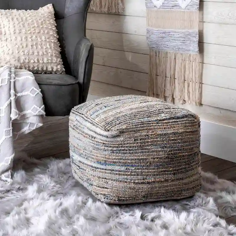 Natural Knitted Denim & Jute Ottoman Pouf – Single Seat