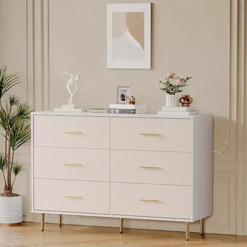 COZONY 6 Drawer White Dresser, Modern Chest of Drawers with Gold Metal Legs and Handles, Fabric Front Wooden Storage Cabinet for Bedroom, Living Room