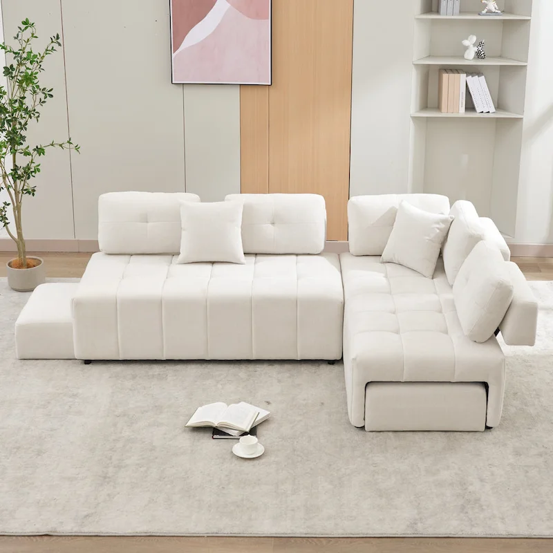 91.73 L-Shaped 4-Seat Sectional Sofa with 2 Hidden Stools, 2 Removable Lumbar Cushions, and Durable Chenille Fabric