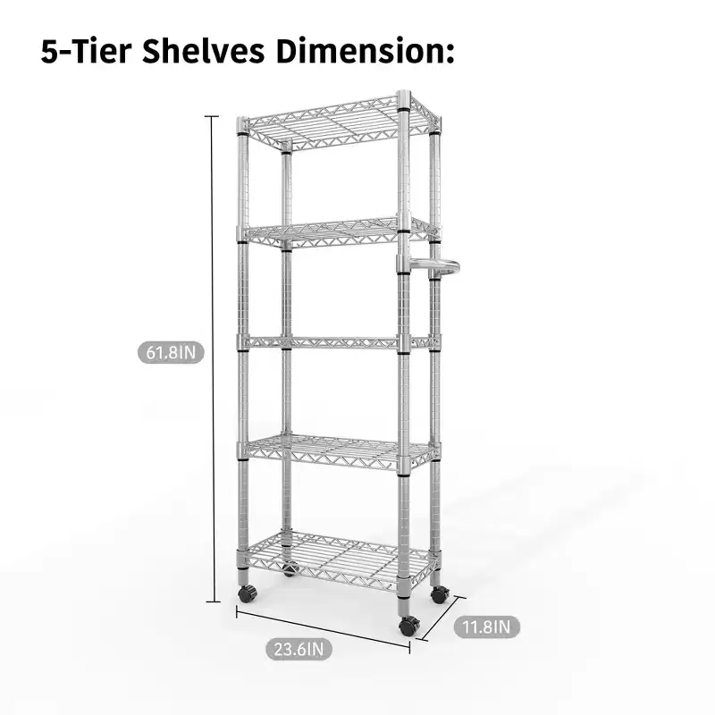 61H 5-Tier Heavy Duty Metal Wire Shelves, 1100 LBS Capacity with Lockable Wheels, Rolling Storage Rack for Kitchen, Garage & Bedroom