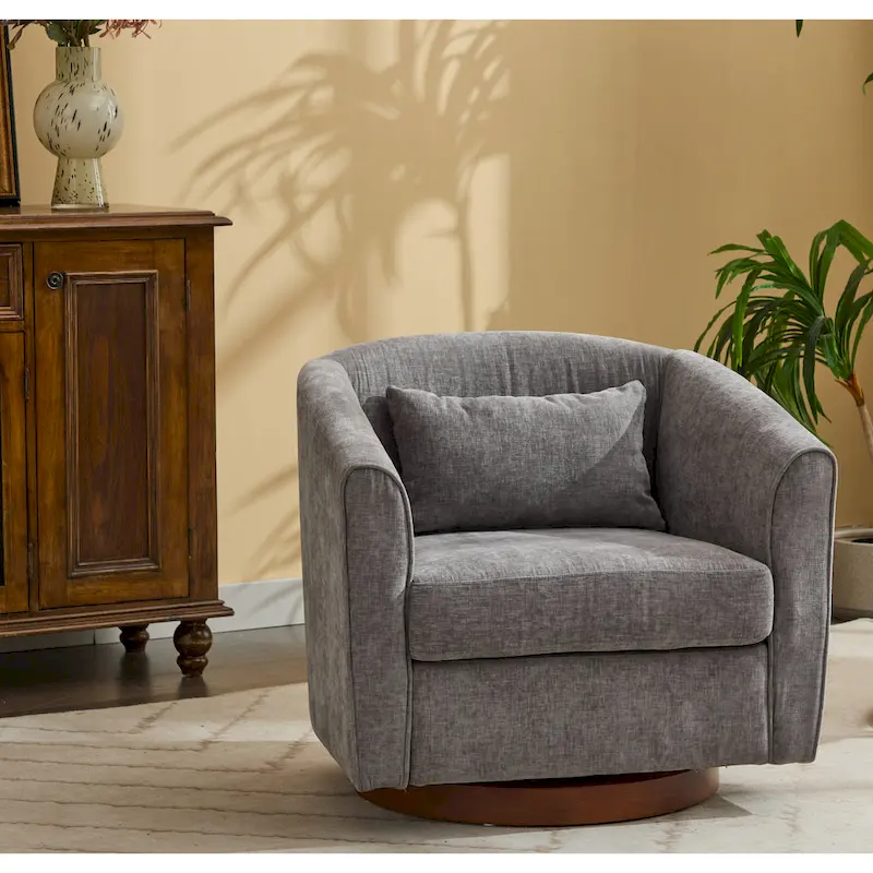 Grey Upholstered 360 Swivel Accent Chair with Wood Base