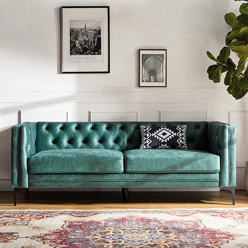 84 in Button-Tufted Polyester Loveseat Sofa with Square Arms, Black Metal Legs & 2 Toss Pillows | Camel / Grey / Green / Charcoal / Blue | 2-Seat