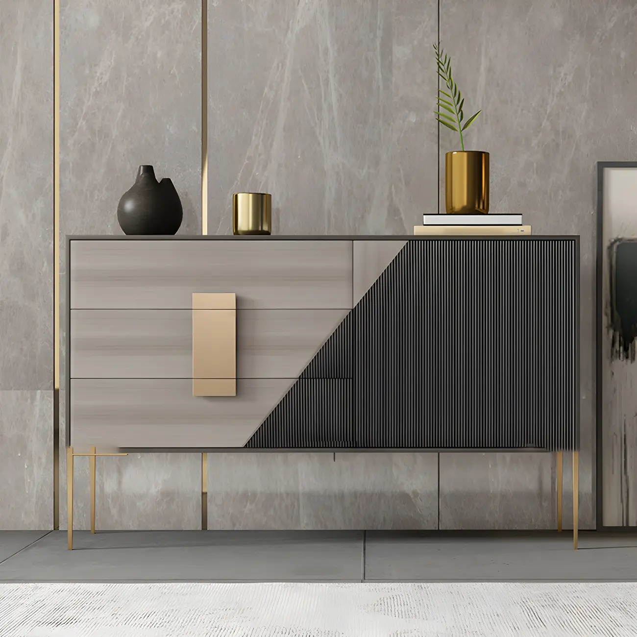 Sleek Black-Gray Wood and Metal Soft-Close Drawers Dresser