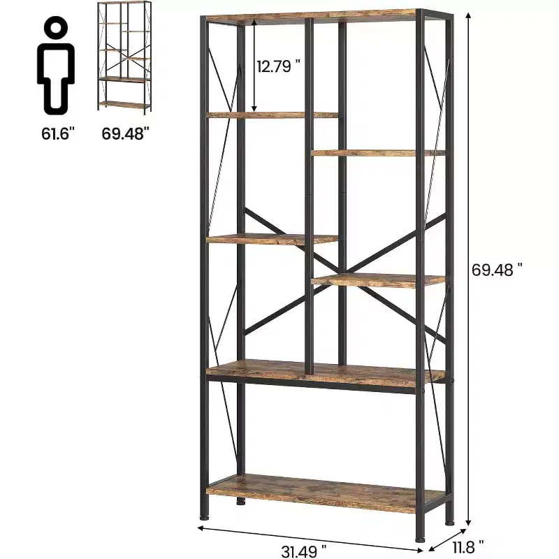 5-Tier Industrial Bookshelf, Vintage Open Display Rack, Rustic Standing Bookcase, Home Office Storage Organizer for Living Room Bedroom, Brown+Black