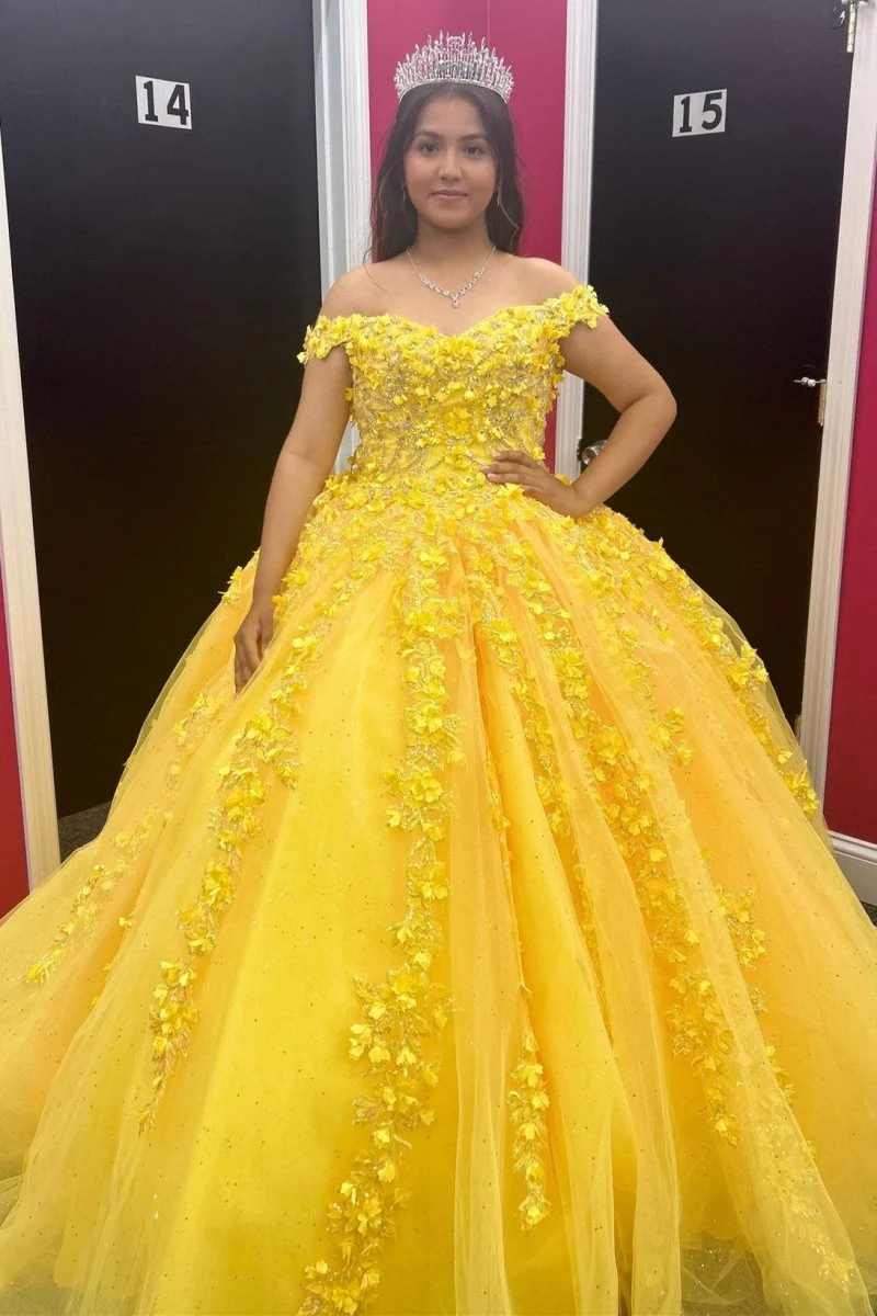 Quinceanera Dress Yellow Off-the-Shoulder Ball Gown with 3D Floral Lace