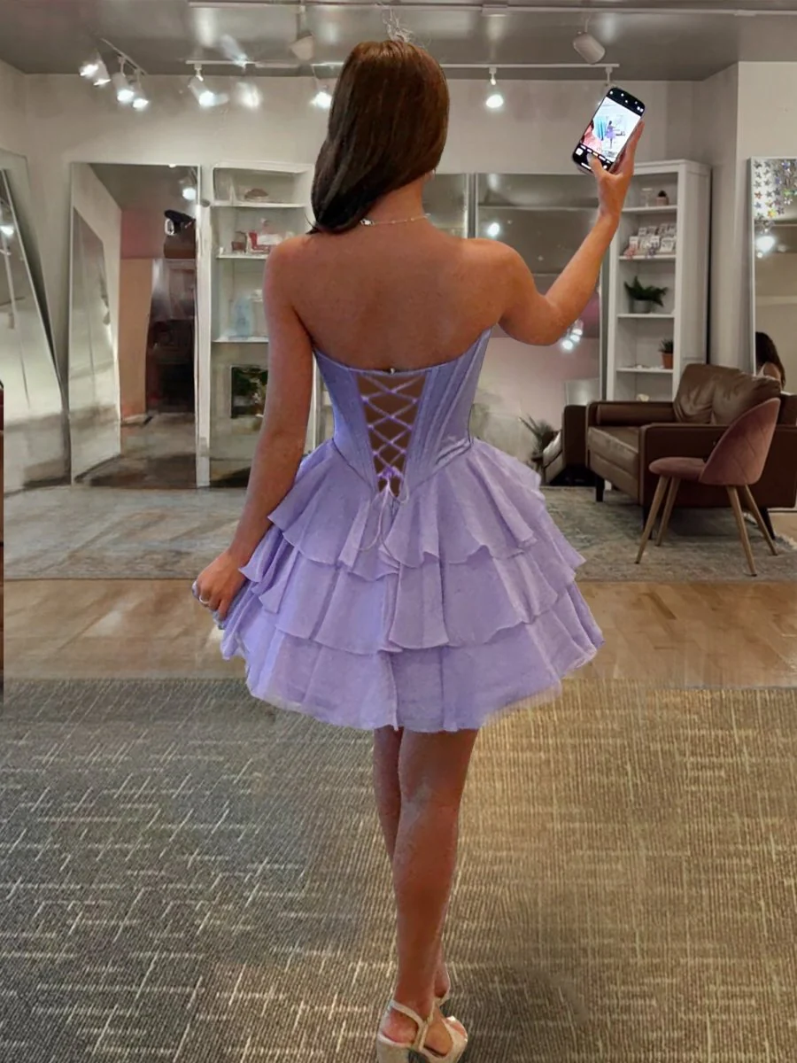 Lilac - A-Line Sweetheart Corset Ruffle Homecoming & Cocktail Dresses With Applique