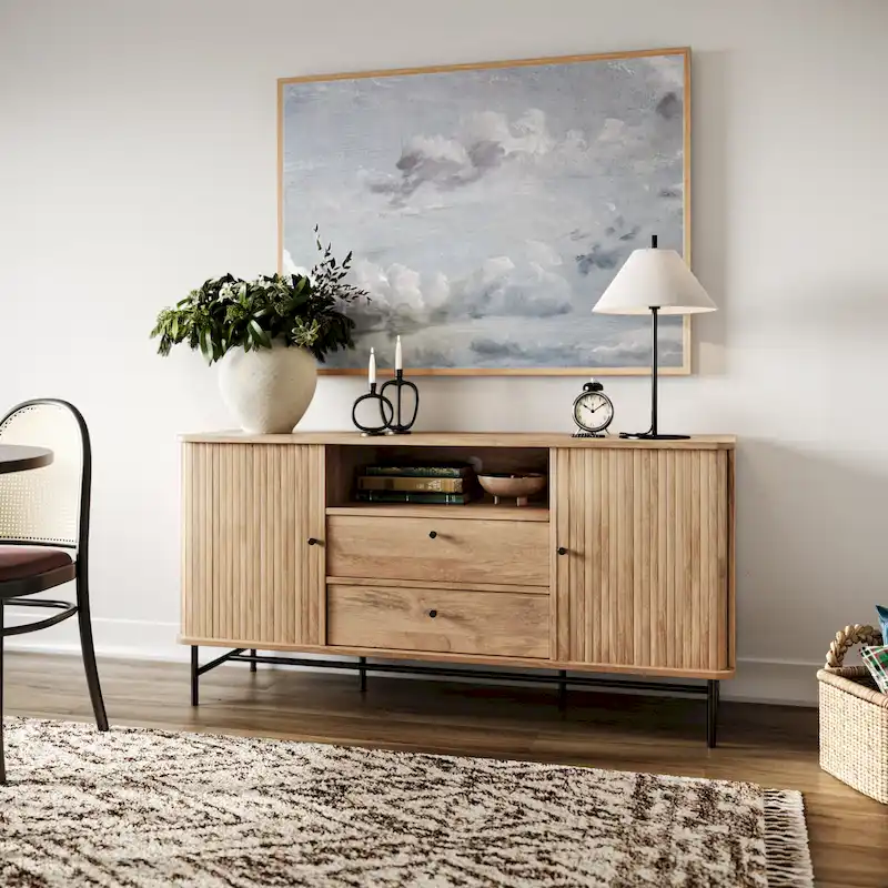 Light Brown / White Curved Sideboard Buffet with Sliding Tambour Doors