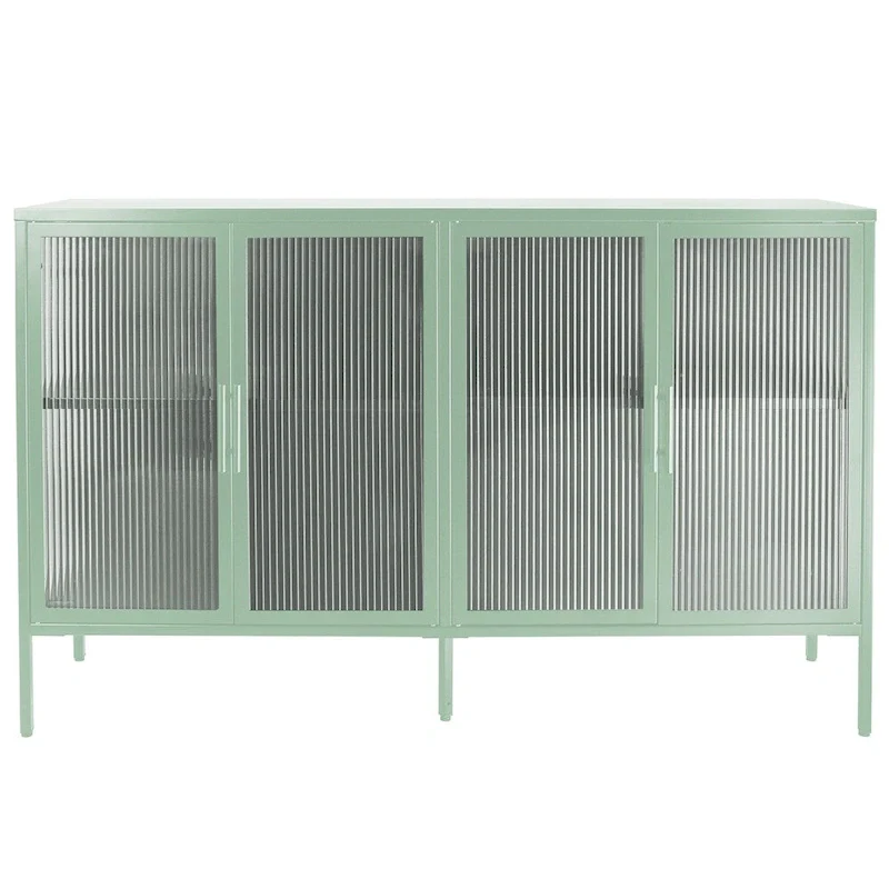 Mint Green/Blue/Black Fluted Steel & Tempered Glass 4-Door Sideboard Cabinet with Adjustable Shelf & Anti-Tip Device
