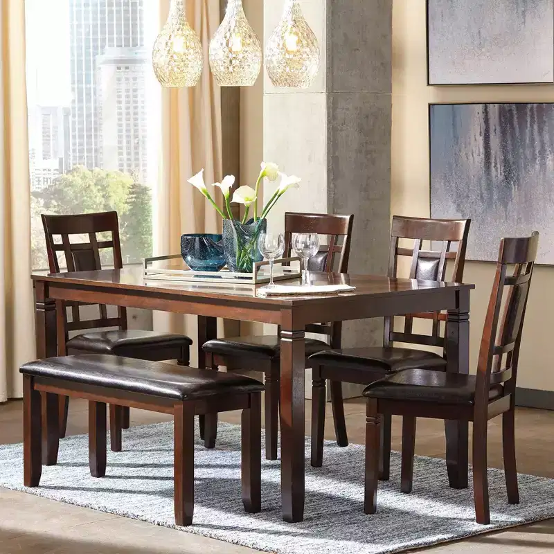 Signature Design by Ashley Bennox Dining Table Set Brown: 6-Piece Modern Rectangular Non-Extension Set with Bench & Upholstered Chairs