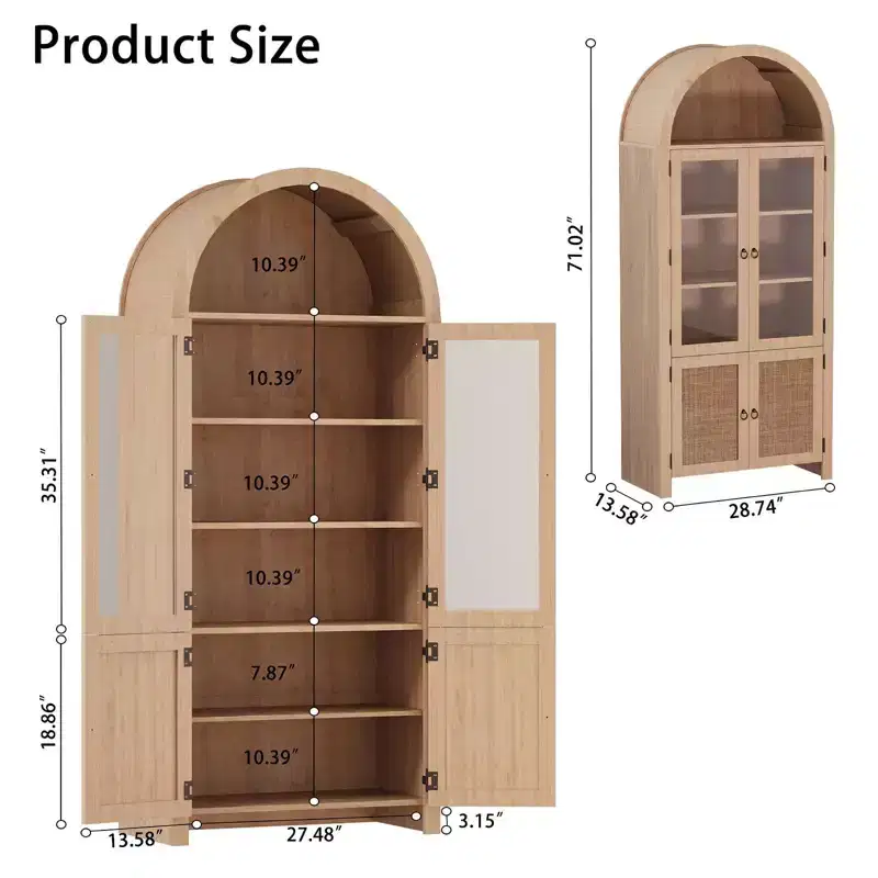 LinTimes 71 Arched Storage Cabinet with Rattan Door & Drawer, 6-Shelf Pantry for Kitchen, Dining Room, Bathroom