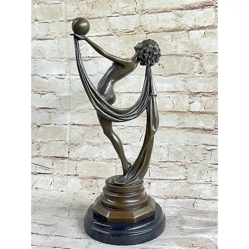 Art Deco Flapper Dancer Girl Holding Ball Bronze Statue Sculpture Figure