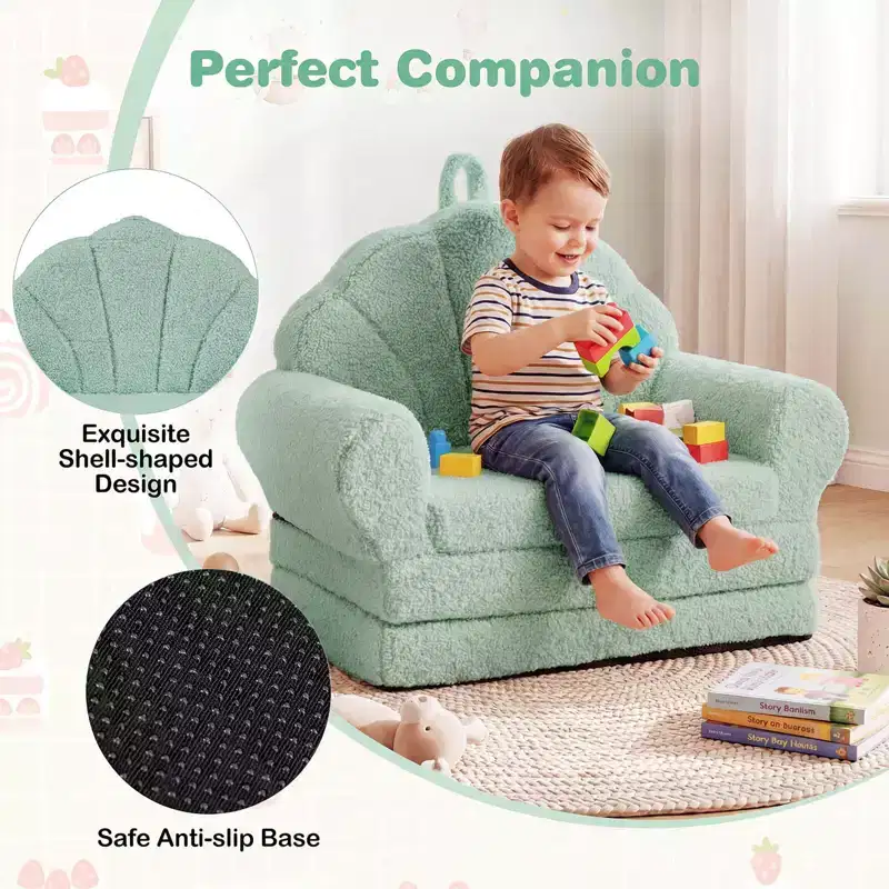 Costway Fold-out Kids Sofa 2-in-1 Convertible Toddler Couch & Lounger with Non-slip Base Beige/Green/Pink
