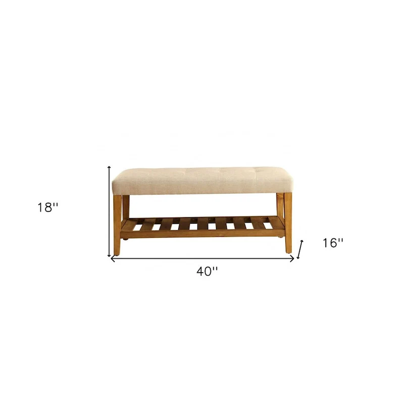 HomeRoots 40  Beige and Brown Upholstered Polyester Bench with Shelves