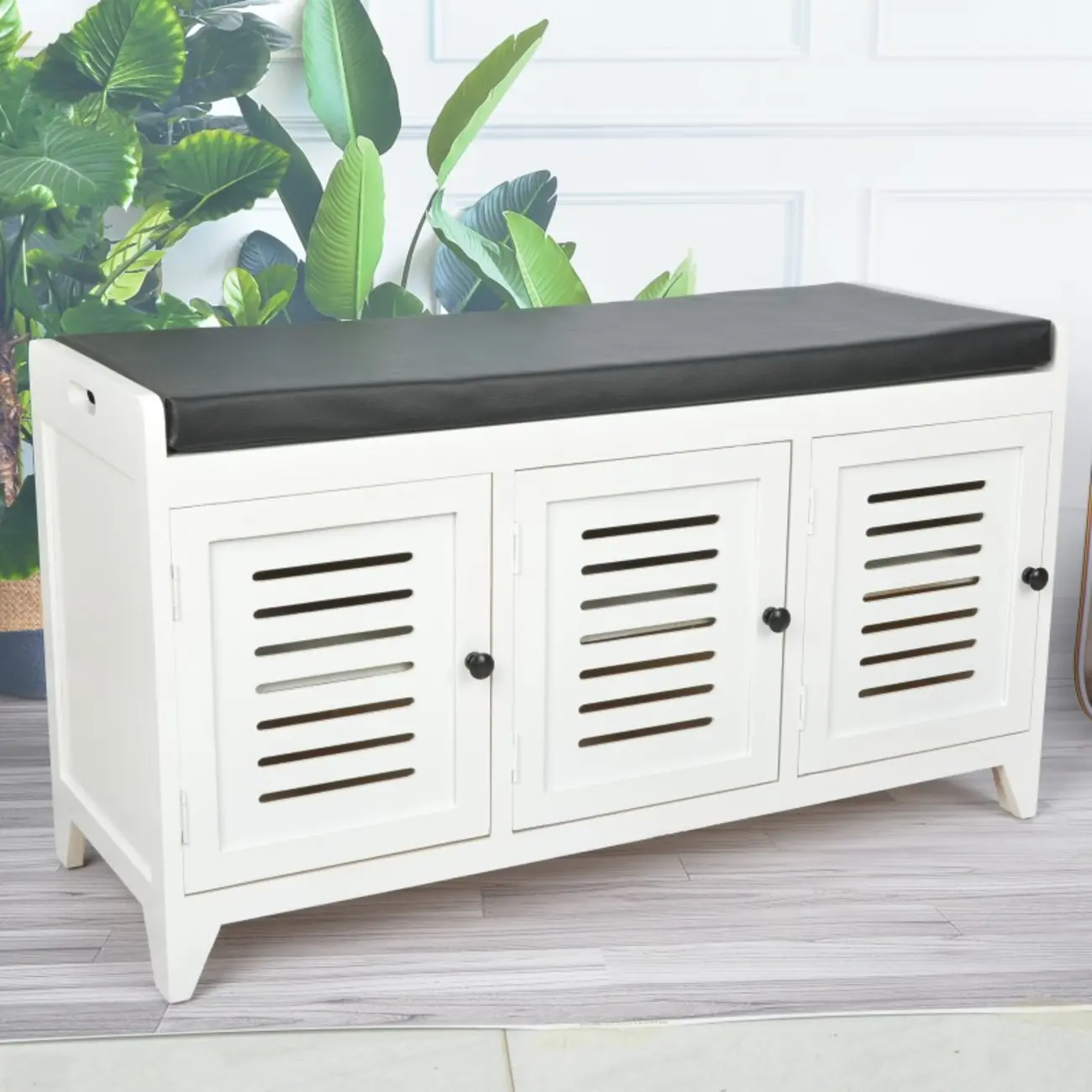 Entryway Wooden Cushioned Shoe Bench with Cabinet
