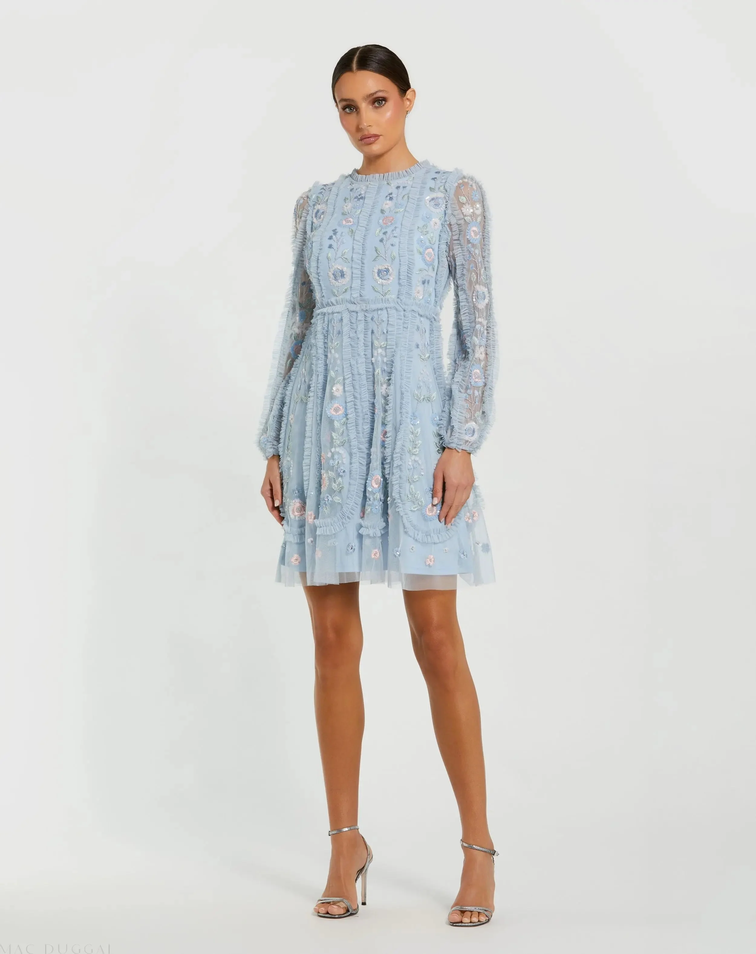 Blue Floral Mesh Long Sleeve Micro Ruffle Mini Dress