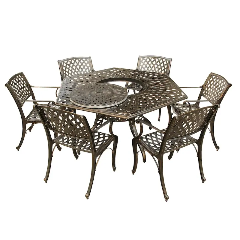 Lattice 63 inch Hexagon Dining Set with Lazy Susan and Six Chairs