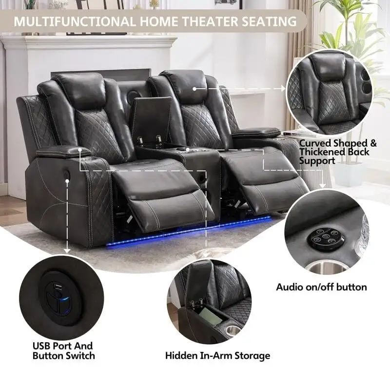 Power Reclining Sofa with Wireless Charger & LED Light – Faux Leather, Black