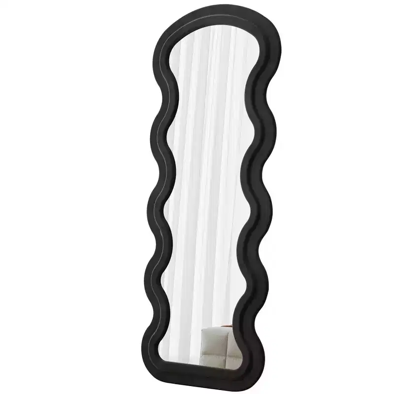 Whisen Flannel Wavy Full-Length Mirror with Soft Padded Wooden Design, Irregular Floor or Wall Mirror, 3 Colors