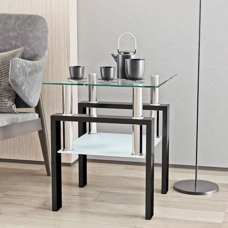 Square Tempered Glass Coffee Table with Metal Legs