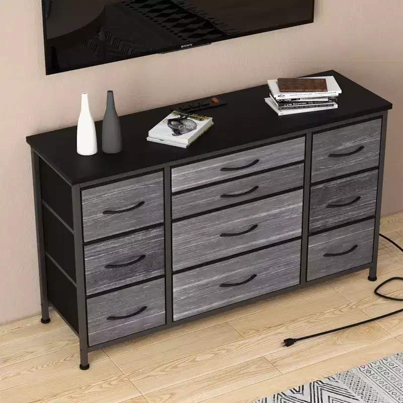 10 Drawer Dresser Tv Stand 55 ,47 Wide Fabric Dresser with Power Outlets,Sturdy Steel Frame Large Bedroom Entertainment Center for Living Room