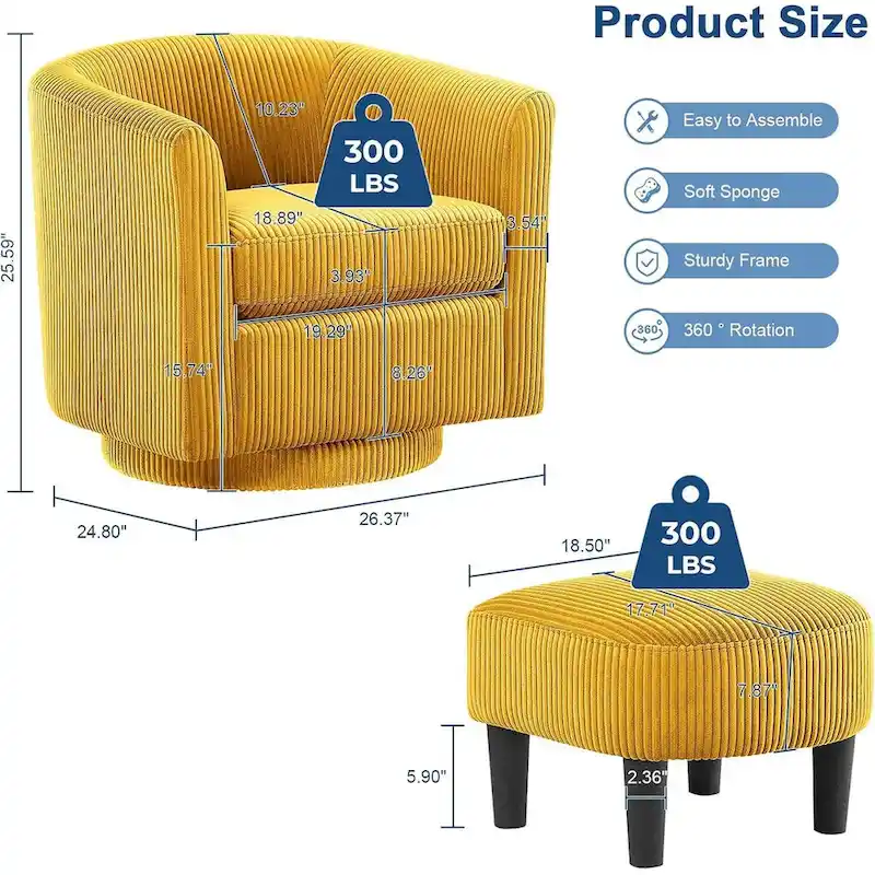 360 Swivel Accent Chair with Ottoman, Barrel Chair with Upholstered