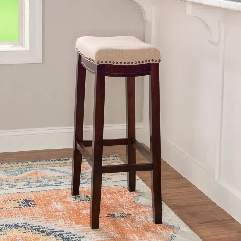 Beige Linen Backless Bar Stool with Nailhead Trim
