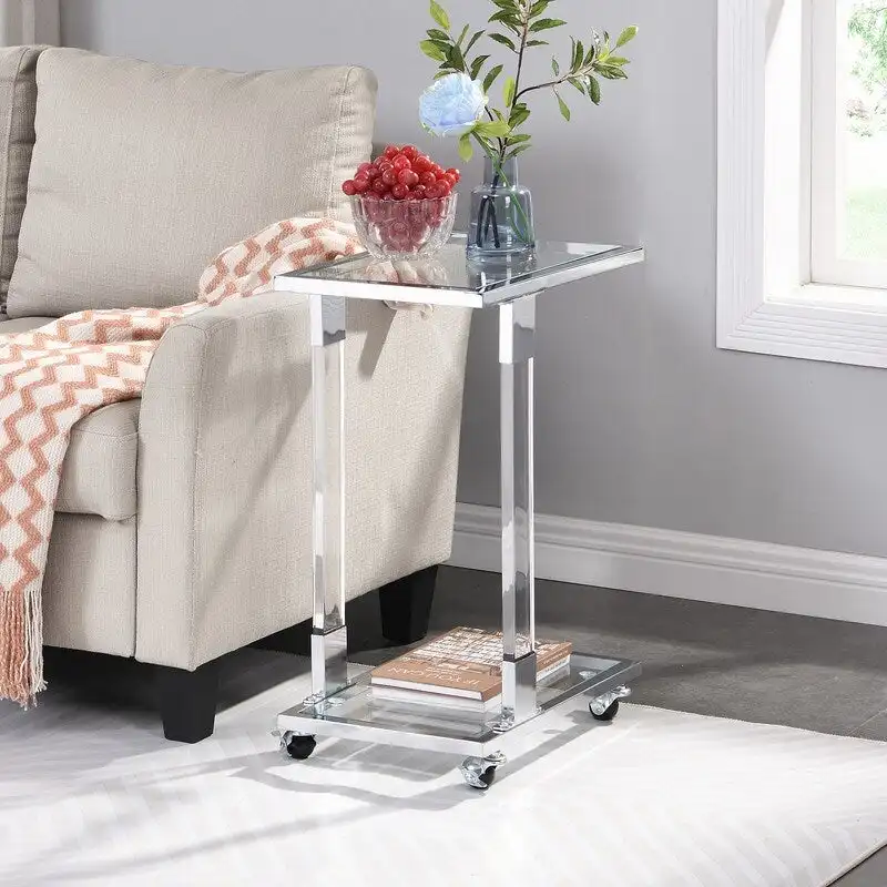 Modern Contemporary C-Shaped Side Table Snack Table with Tempered Glass, Steel and Acrylic Frame, Lockable Casters