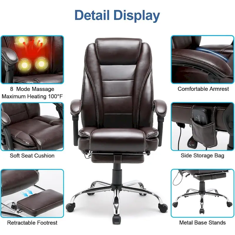 Ergonomic Heated Executive Office Chair with 2/4/6-Point Massage, Retractable Footrest, and PU Leather