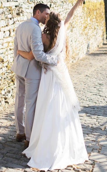 Casual A-Line Strapless Satin Garden Wedding Dress With Backless And Illusion Sleeves