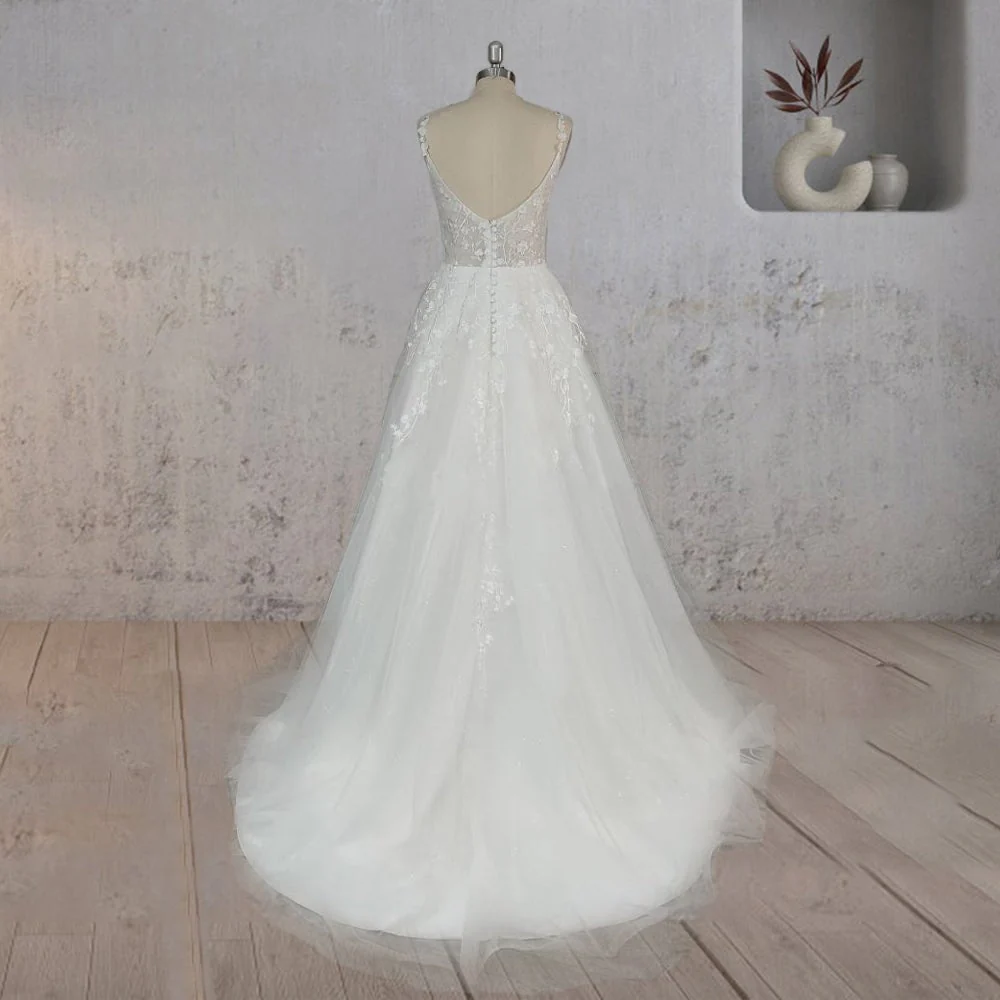 A-Line White Flower Appliqued Tulle Wedding Dress