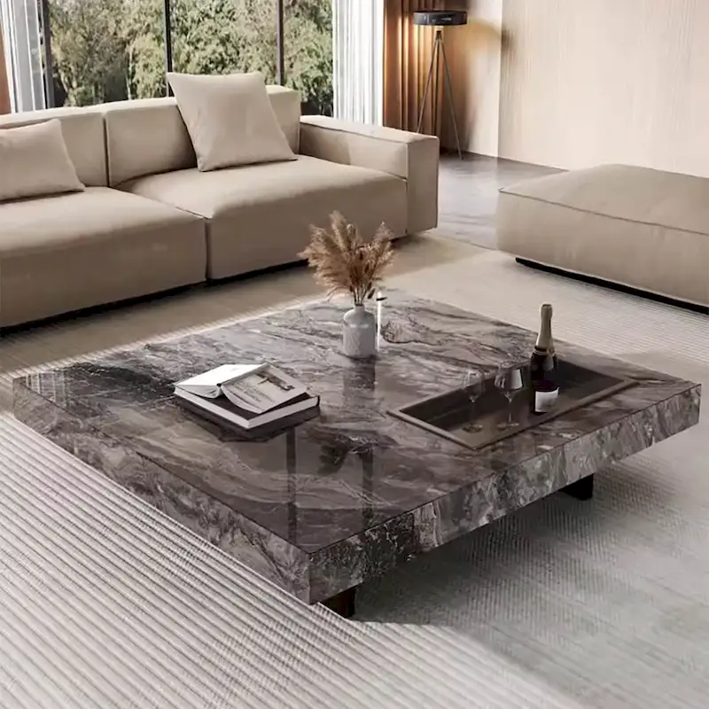 Modern 42 Faux Marble Square Coffee TableGlossy Sintered Stone Tabletop