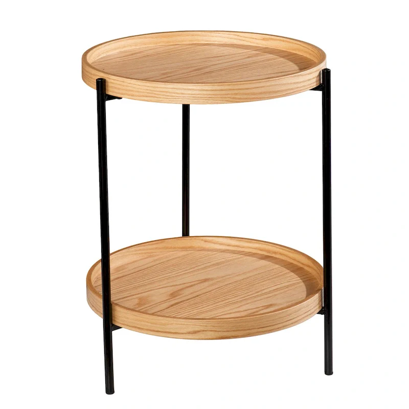 Round Wood Side Table with Metal Frame and Shelf