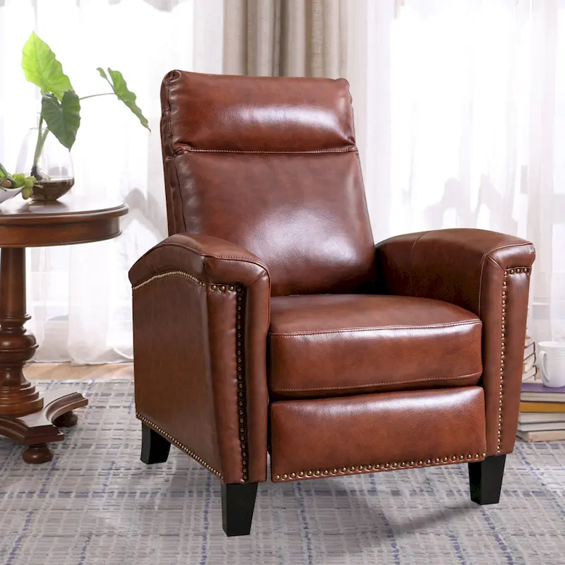 Brown Leather Pushback Recliner with Nailhead Trim and Wingback