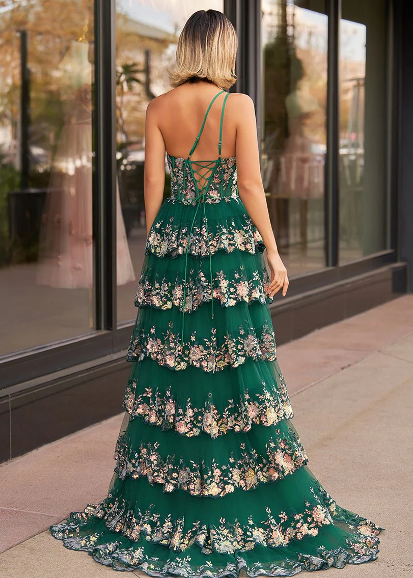 Sheath One Shoulder Tiered Lace Long Prom Dress