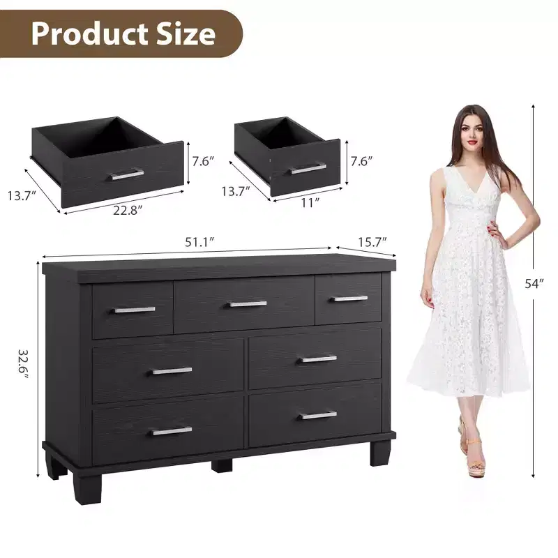 51 Inch Wide Modern Wood Dresser with 7 Drawers, Sturdy Chest of Drawers with Metal Handles for Bedroom & Living Room