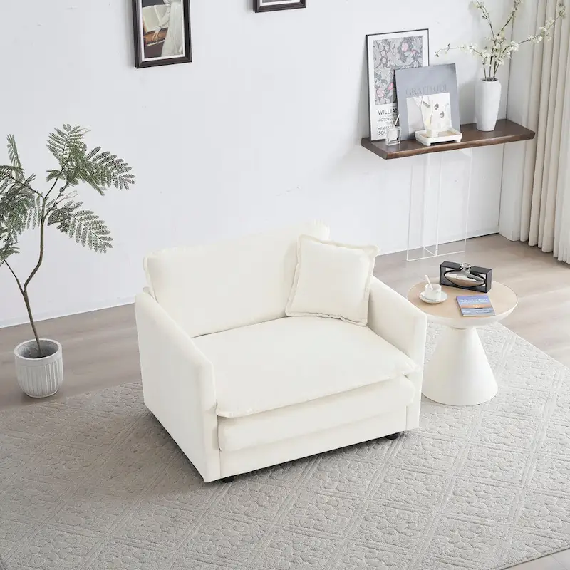 Comfy Deep Single Seat Sofa Upholstered Reading Armchair Living Room Chair White Chenille Fabric , 1 Toss Pillow