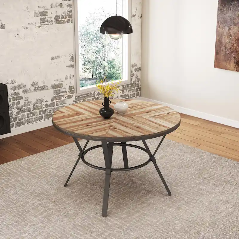 Light Birch + Black Round Dining Table with Metal Legs, Seats 4